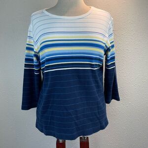 Pre-Owed Classic Elements Womens 3/4 Sleeve Blue, Yellow and White Stripped Top